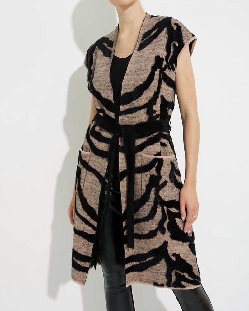 Front of a model wearing a size Large Animal Print Long Sweater Vest In Black/Beige in Black/Beige by Joseph Ribkoff. | dia_product_style_image_id:344782